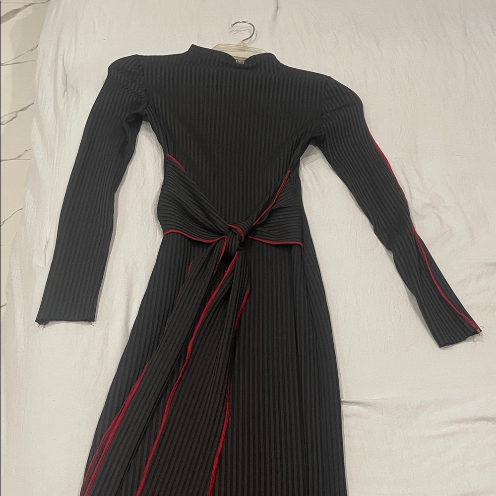 Black Ribbed Long-Sleeve Wrap Dress with Red Trim